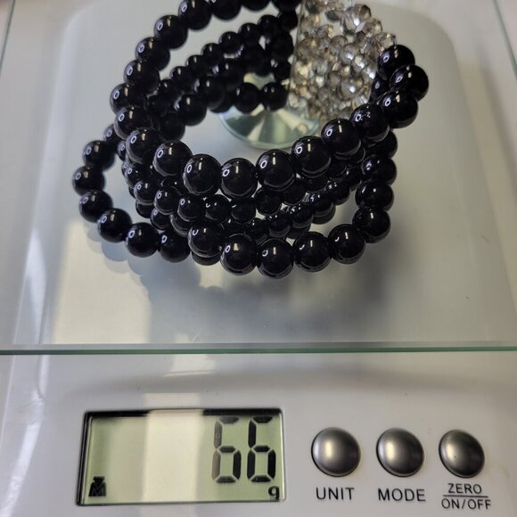 Black Faux Pearl Stretch Bracelet 5 Strand Wide Faux Pearl Elastic Bracelet - Picture 9 of 9